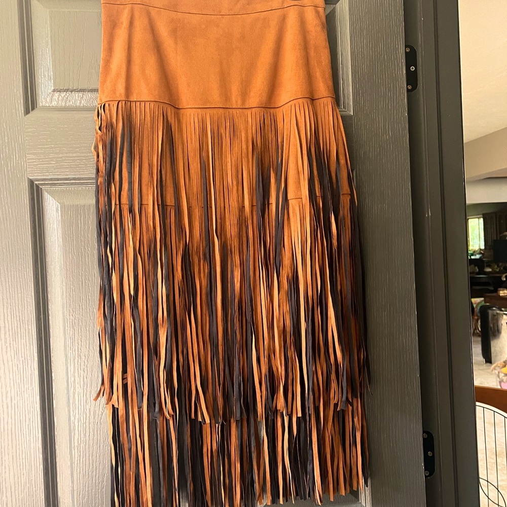 RAGA chestnut & black faux suede fringe skirt